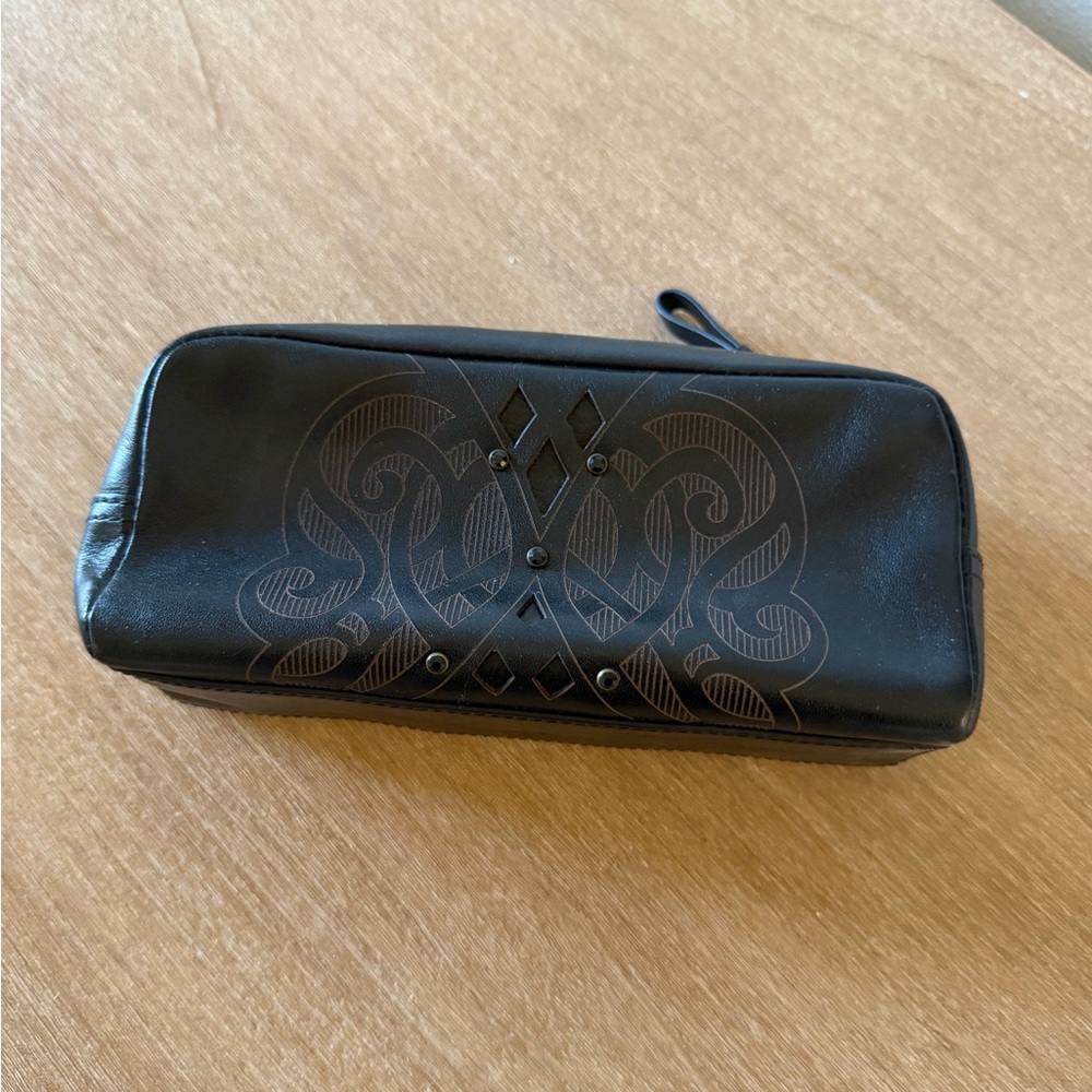 Cole Haan Small Black Leather Makeup Bag with Embossed Design